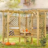 Jardín Verde - Pérgola Esquinar de Madera Milton con Banco y Mesita. Lados Enrejados. Dimensiones h184 x 194 x 194cm.